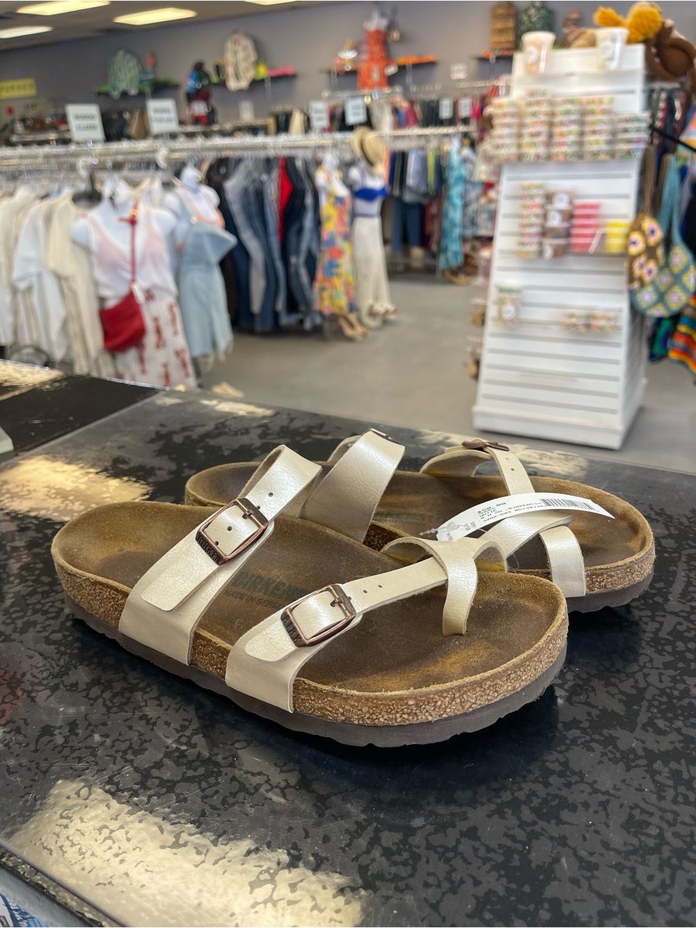 Birkenstock Metallic Cream Two-Strap Cork Sandals